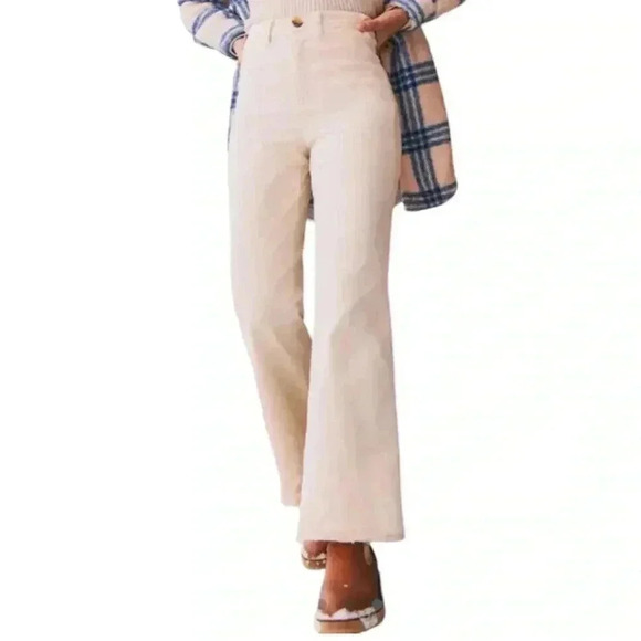MARINE LAYER “Bridget” ivory denim pants wide leg high rise raw edge women’s 14 - Picture 1 of 15